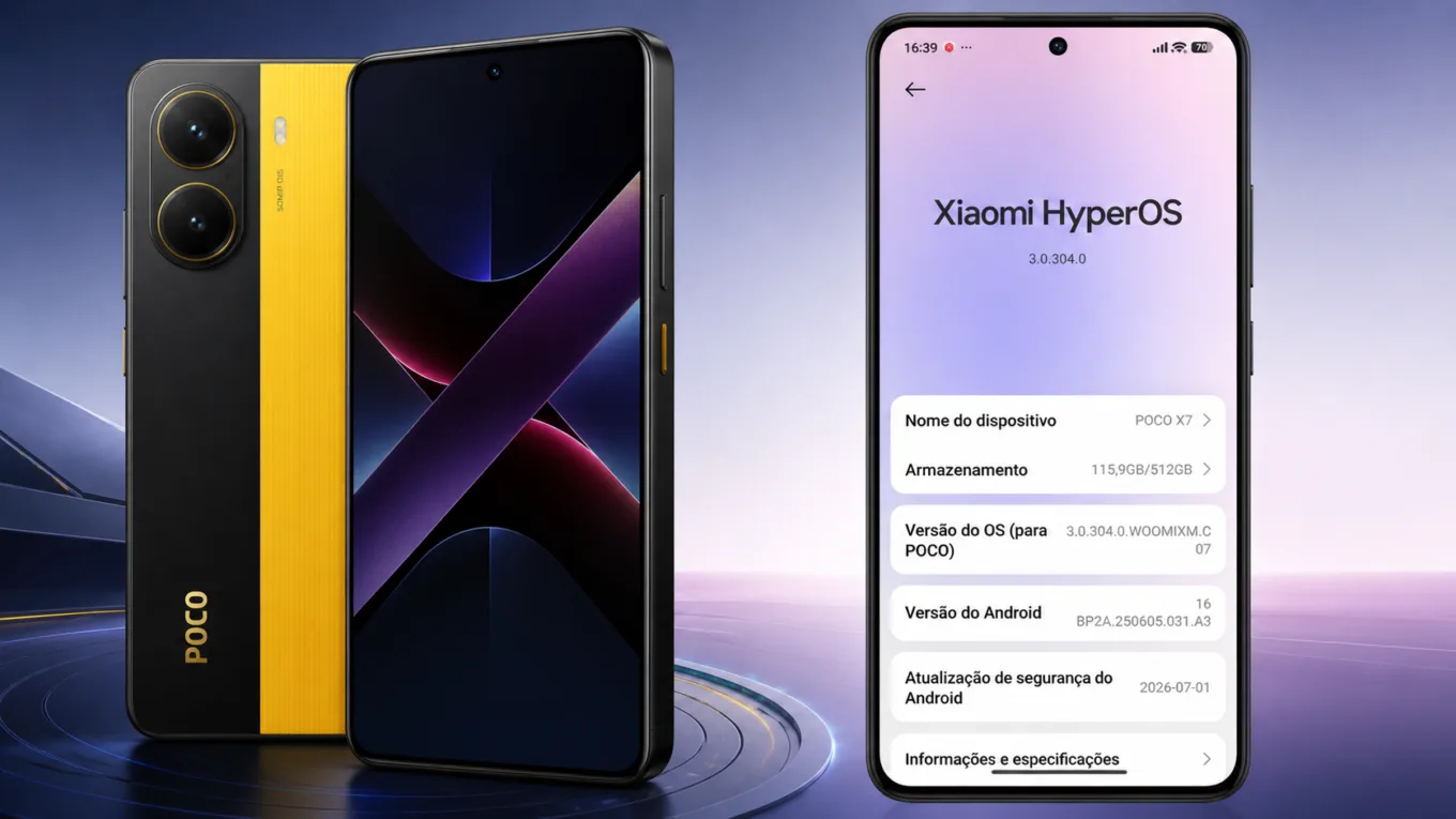 POCO X7 e POCO X7 Pro com tela do HyperOS exibindo informações da versão do sistema