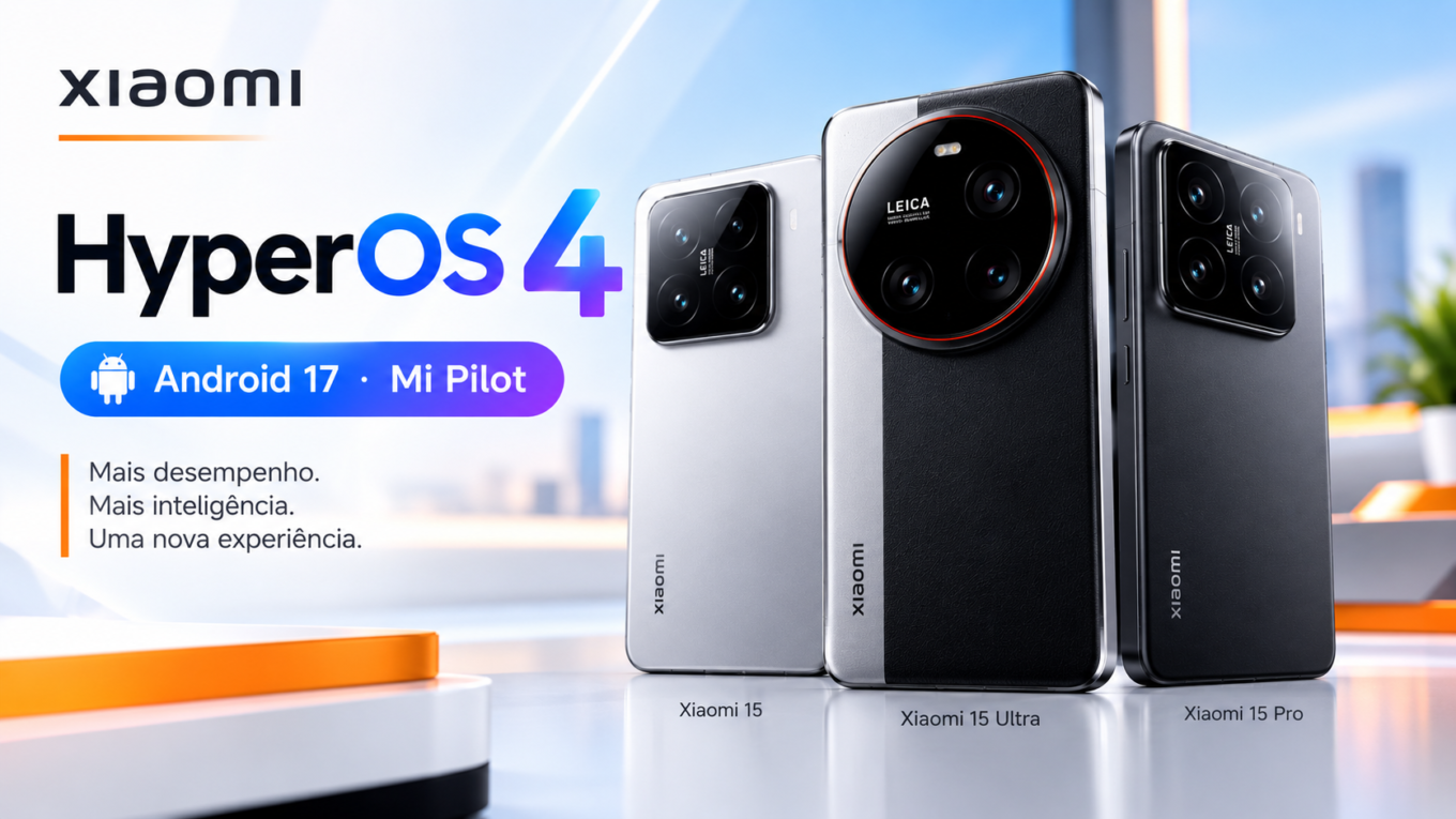 Celulares Xiaomi 15, 15 Ultra e 15 Pro com a inscrição HyperOS 4 e Android 17