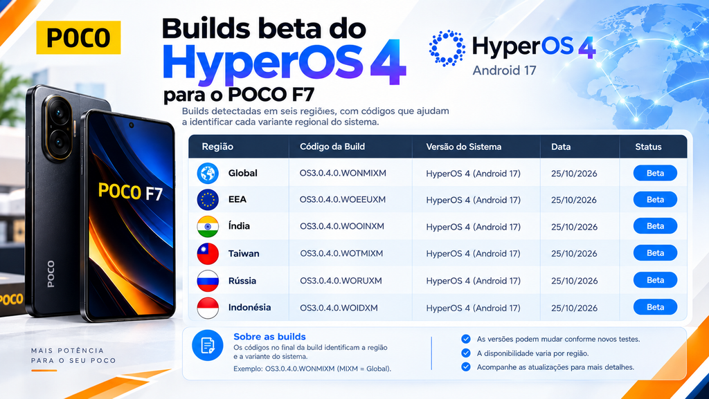 Infográfico com tabela de builds beta do HyperOS 4 para o POCO F7 nas regiões Global, EEA, Índia, Taiwan, Rússia e Indonésia.