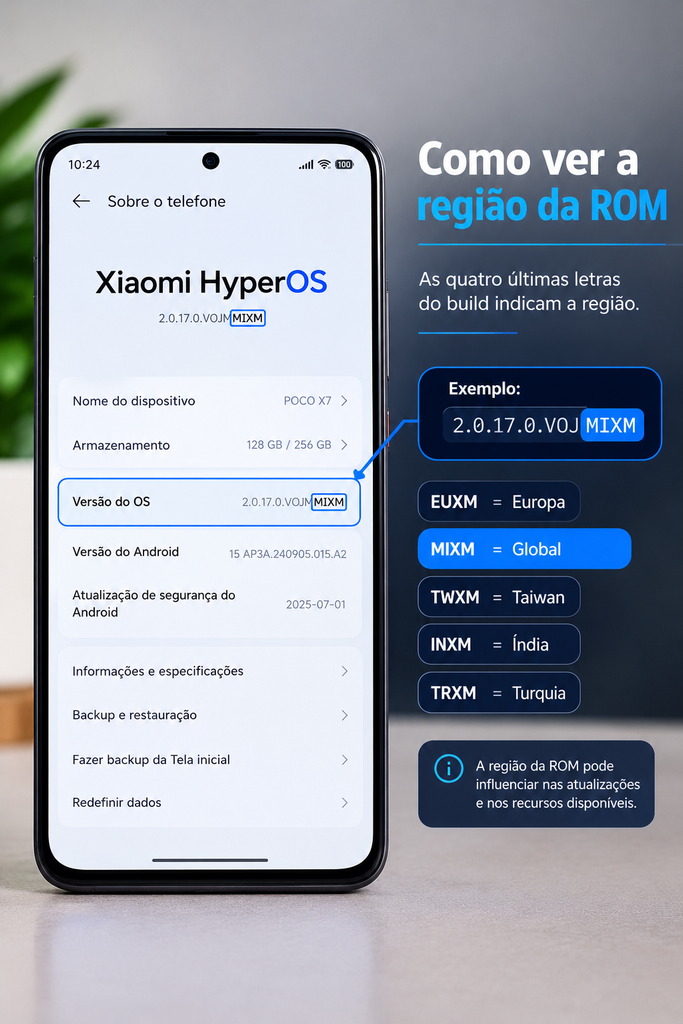 Tela Sobre o telefone do HyperOS destacando a versão e a região da ROM