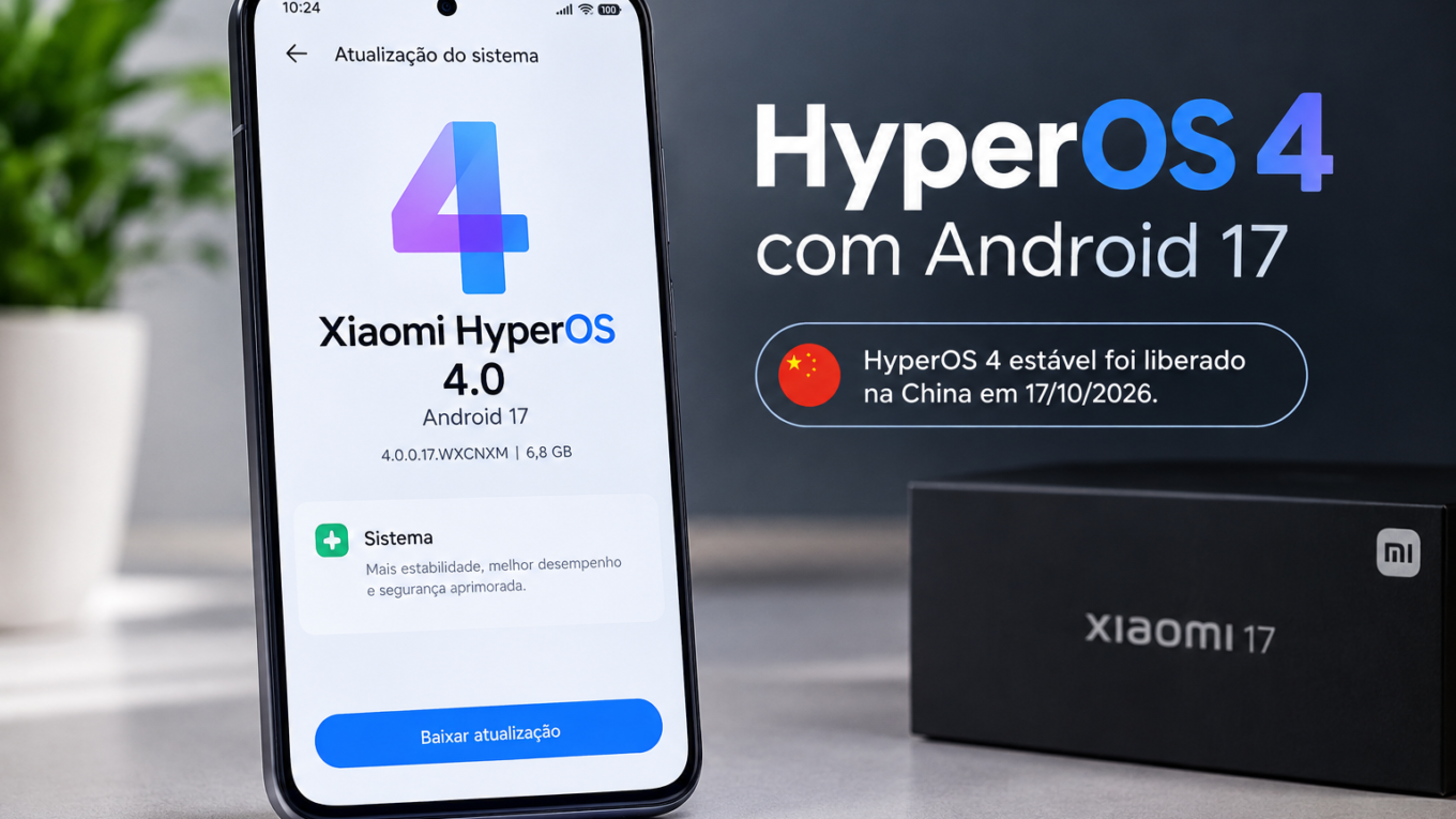 Smartphone Xiaomi 17 exibindo a tela de atualização do HyperOS 4 com Android 17