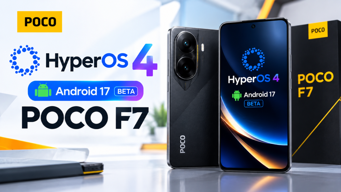 POCO F7 com a identidade do HyperOS 4 e a indicação de Android 17 beta